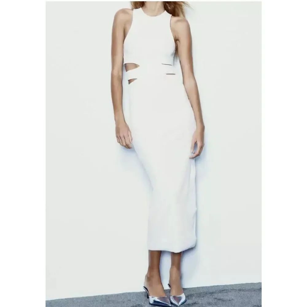 ZARA LONG FITTED DRESS WITH CUT-OUT DETAIL WHITE SIZE M